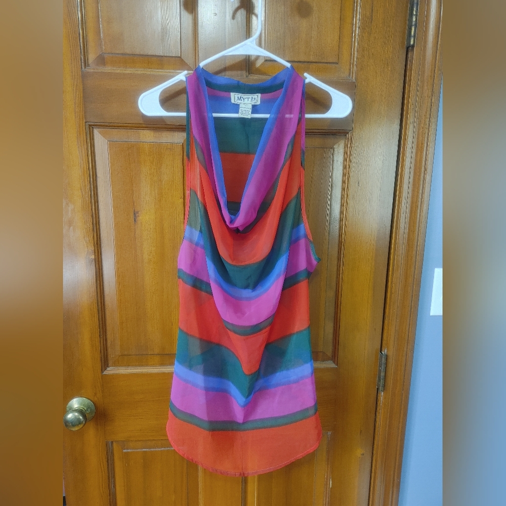 Colorful Cowlneck Sheer Striped Sleeveless Top